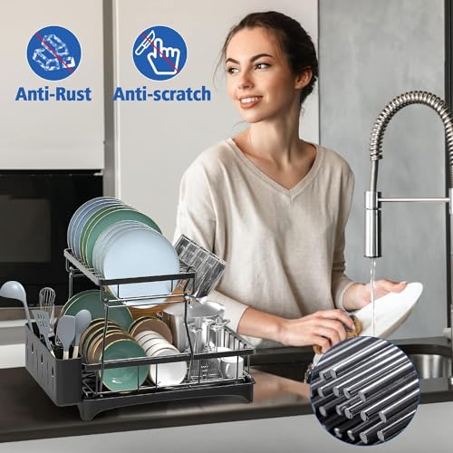 Image of Carbon Steel 2 Tier Dish Racks Dish Drying Rack With 360Drainage Dish Drainboard Set With Cutlery Holder & Cup Holder Dish Drainers Over Sink Drying Rack On Counter (Multi)