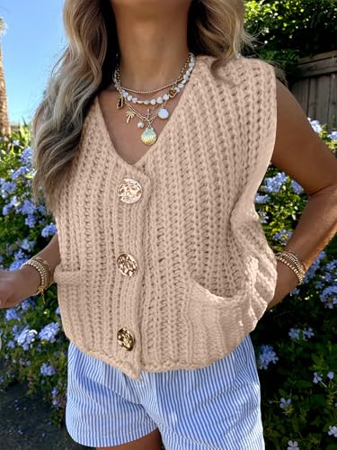 ANRABESS Women Chunky Knit Sweater Vest Button Down Casual Sleeveless Cardigan with Pockets Spring Trendy Outfits 20252