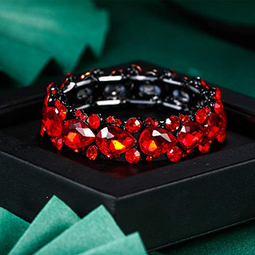 Flyonce Women's Austrian Crystal Wedding Bridal Floral Tear Drop Elastic Stretch Bracelet Red Black-Tone #TOP2