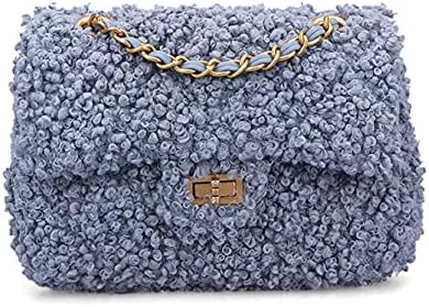 Women Plush Shoulder Bag Fashion Fluffy Crossbody Purse Soft Warm Shopping Dating Bag with Adjustable Chain Strap Indie Cute Tote Bags(Blue)