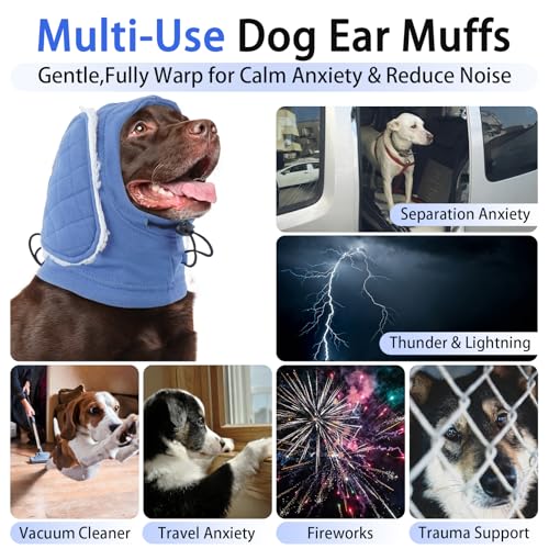 Image of MIGOHI Soft Dog Ear Muffs Noise Protection,Ear Covers for Dogs,Dog No Shake Ear Wrap for Hematoma,Calming Hoodie Quiet Ears Head Warps for Medium Large Dogs Grooming,Bathing,Thunder,Firework,L,Blue
