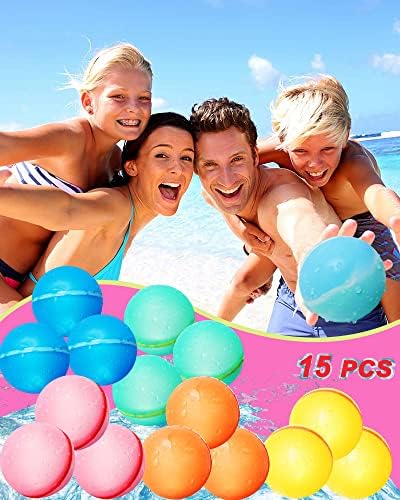 15 pcs Reusable Water Balloons,Magnetic Water Balloons Quick Fill Self Sealing Water Balls Outdoor Games Summer Toys Outdoor Summer Water Balls Activities for Kids/Teens/Boys/Girls/Pool/Backyard Fun