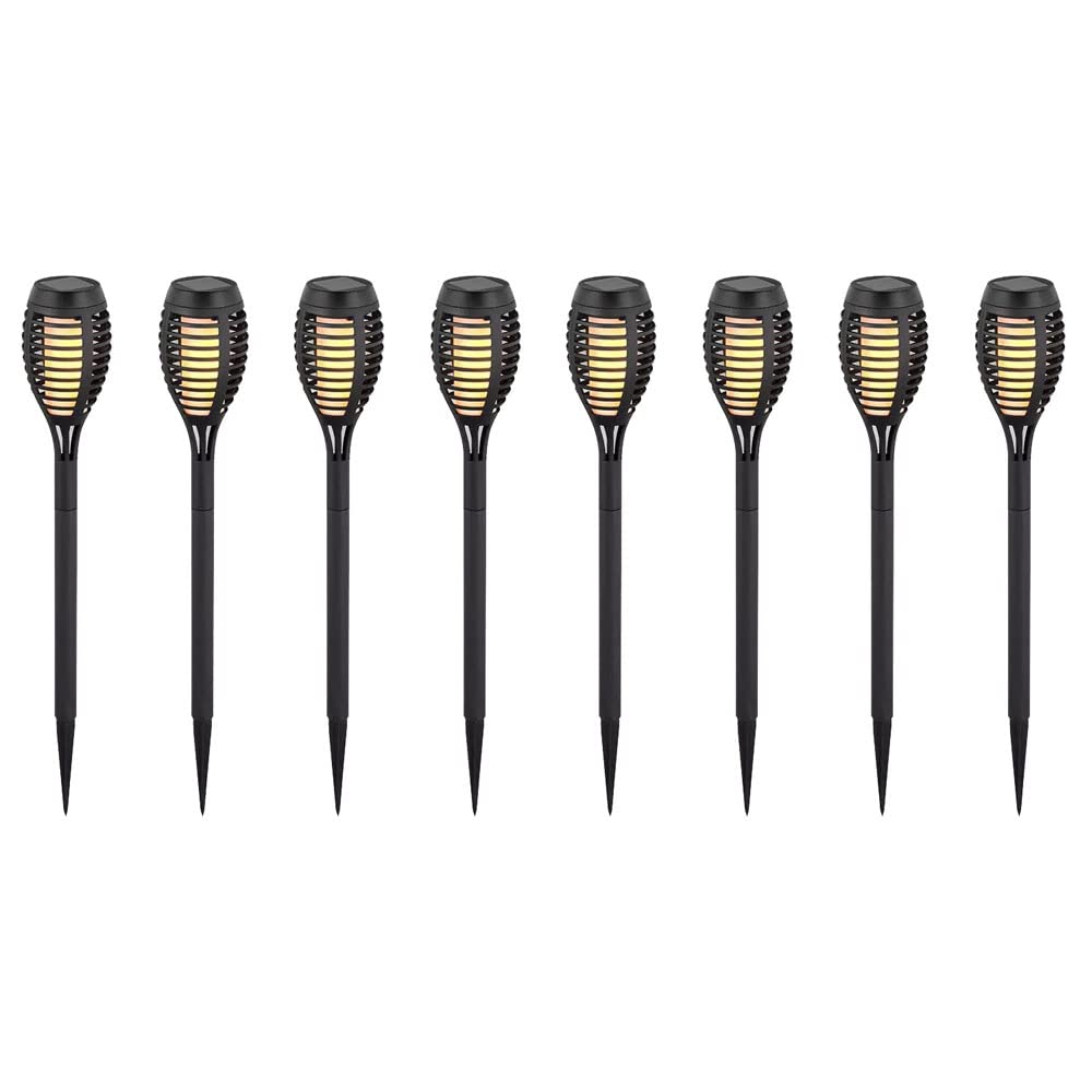 LED Solarfackeln für Außen flackernd Balkon Gartendeko Stecklampen Solar Gartenfackel, Kunststoff schwarz, Feuereffekt warmweiß, H 50 cm, 8er Set