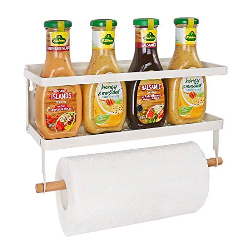 Haturi Fridge Spice Rack, Magnetic Storage Shelf with Paper Towel Holder Single Tier Kitchen Refrigerator Organizer Rack (Small,White)