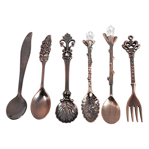 Ezweiji Set di 6 cucchiai vintage per la famiglia, set da 6 pezzi Coffee Spoon, in stile retrò, stile reale, oro, argento, in metallo anticato, set di posate da caffè, dessert cucchiai