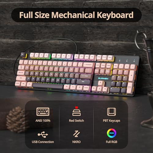 Image of Full Size Mechanical Keyboard, Creamy Keyboard with Number Pad, 104 Keys Wired Gaming Keyboard with Red Switch, RGB Backlit for PC Laptop