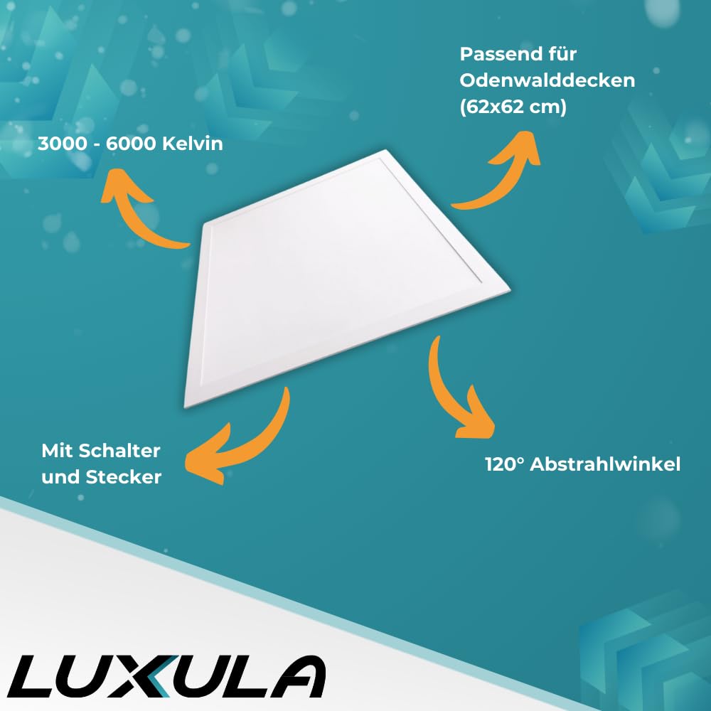 LUXULA 4x LED Panel 62x62cm, 3000K, 4000K, 6000K CCT einstellbar, 36W, 3600lm, Deckenlampe mit 230V Netzteil - LED Bürolampe für Rasterdecken, Rasterleuchte, Bürobeleuchtung
