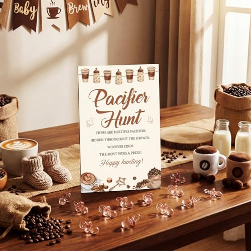 Image of Thyle 51 Pcs A Baby Is Brewing Decorations Pacifier Hunt Coffee Theme Baby Shower Include Coffee Hunt Sign and 50 Acrylic Pacifiers Games Gender Reveal Party Supplies