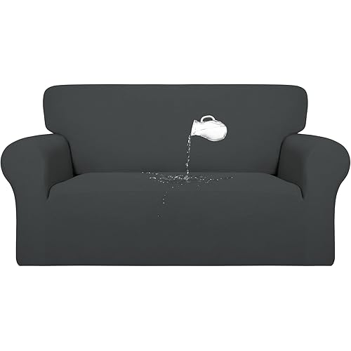 PureFit 100% Dual Waterproof Couch Cover Slipcovers for Couches and Sofas - Stretch Non Slip Fleece Sofa Covers Washable, Leakproof Furniture Protector for Kids, Pets, Dog (Loveseat, Dark Gray)