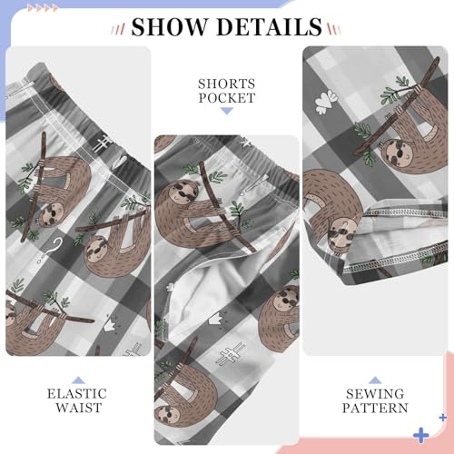 Sloth Plaid Print Boys Long Pants Soft Trousers Elastic Waist Kids Lounge Bottoms with Pockets S-XL4