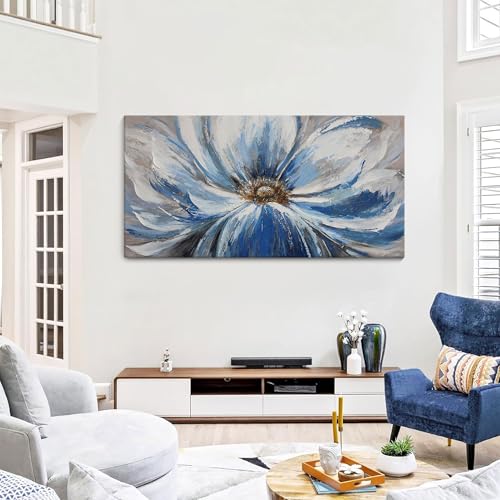 Image of Flower Canvas Wall Art for Living Room Large White Blue Flower Picture Giclee Print Painting Wall Decor Framed Artwork Ready to Hang for Home Bedroom Wall Decoration Size 24x48