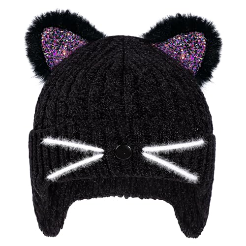 Kids Gils Sequin Cat Ears Beanie Earflap Hats Winter Knitted Hat Warm Snow Skull Skiing Caps 3-14 Years