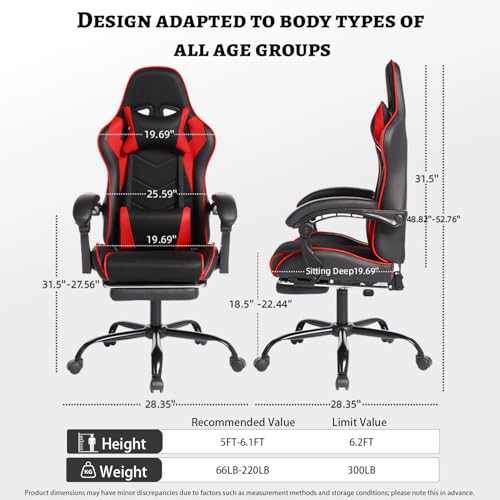 Image of Gaming Chair with Headrest and Lumbar Support, High Back Leather Computer Office Desk Chair with Footrest, 360 Swivel Height Adjustable Recliner Game Chair (Red Black)