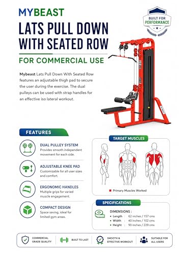 Image of Mybeast Lats Pull Down with Seated Row Dual Pulley Machine with Adjustable Thigh Pad for Commercial Use for Targetting Lats Muscles