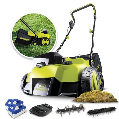 Sun Joe 24V-X2-DTS15 Scarifier and Dethatcher Kit, 5-Depth Positions, 15-inch, Brushless Motor, w/ 2...