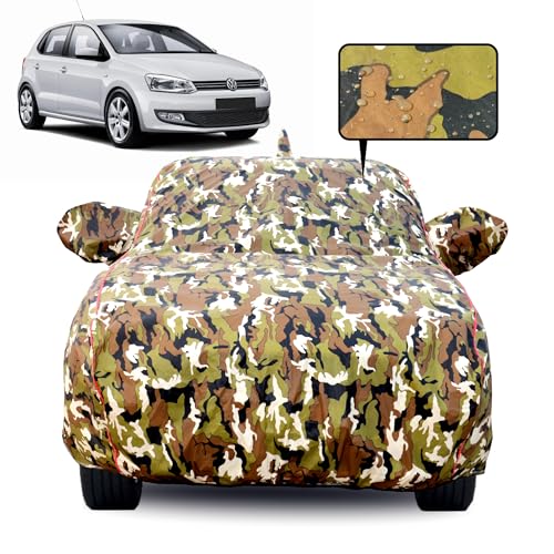 Image of 100% Waterproof Car Body Cover for Volkswagen Polo with Mirror Pocket, Soft Cotton Lining, Triple Stitched, Full Bottom Elastic (Heat Resistant Jungle Print with Red Piping)
