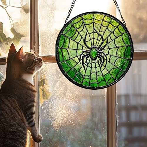 Image of Glass Window Hanging - Black Green Horror Spider Web Suncatcher for Doors Garden Patio Sun Catchers Decor Christmas Halloween Birthday Gifts for Women Men Mom Nana Friend 15 in