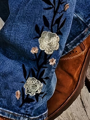 Women's Flower Embroidered High Stretch Jeans High Waistband Pocket Slim Fit Flared Jeans4