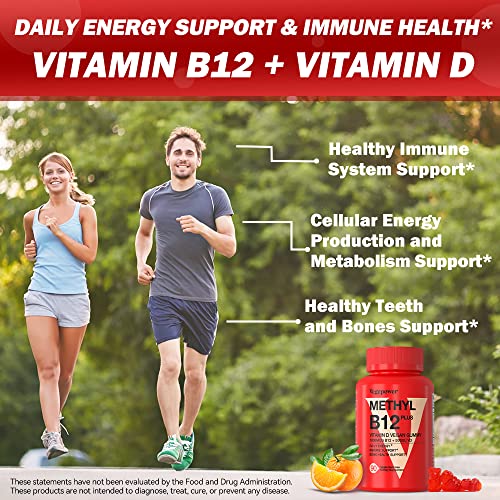 Vitamin B12 1000 mcg Gummies for Adults - Vegan Methyl B12 & D3 5000 IU Vitamin Gummy Supplements for Women - Supports Bone Health & Energy Boost - Non-GMO, Orange Flavor 180 Bears