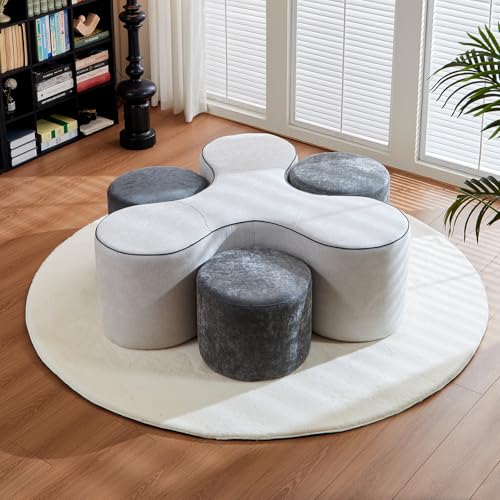 Image of 46 inch Modular Game Table Ottoman Set with 3 Stackable Stools, Y-Shape Space Saving Furniture, No Assembly, White & Black Sofa Coffee Dining Table for Small Spaces Living Room