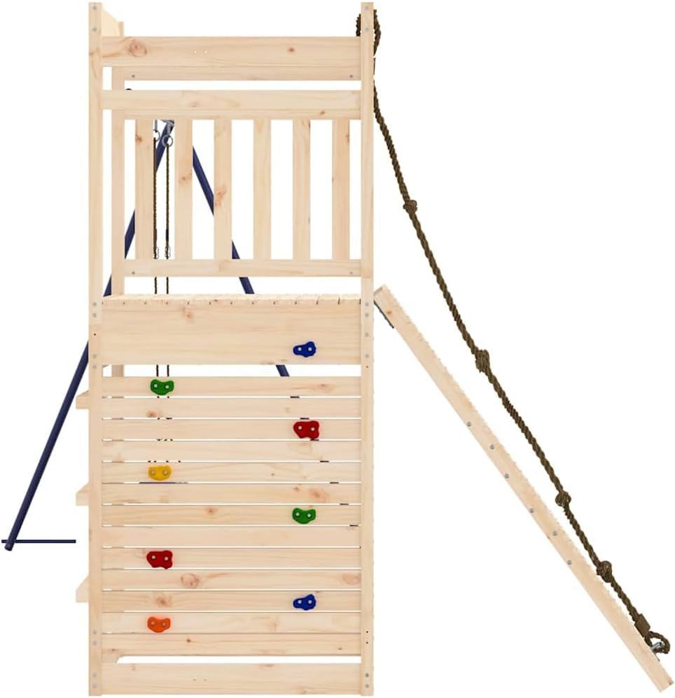 Outdoor Playset with Swing and Climbing Wall Made of Solid Pine Wood for 4 Kids Large Tough Structure with Rustic Finish and Ample Play Space