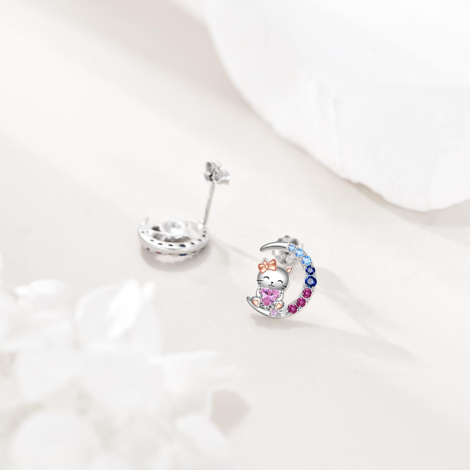 VONALA Mond Mädchen Ohrringe Engel Katze Axolotl Hochlandkuh Hase 925 Sterling Silber Taufe Kommunion Geschenk Schmuck mit Rosa Zirkonia für Damen Mädchen Kinder