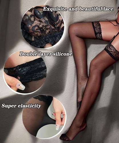 2Pairs Thigh High Stockings Silicone Lace Top Stay Up Silky Semi Sheer Pantyhose for Women Hold Up Nylon2