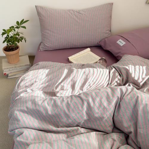 Image of Striped Duvet Cover Set Washed Cotton,King(104 inchx90 inch),Pinstripes Lavender
