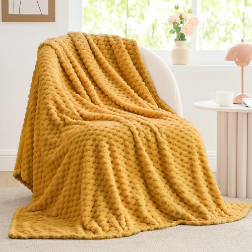 Image of BEDELITE Mustard Yellow Throw Blanket for Couch, Soft Cozy Gifts for Women | 3D Jacquard Decorative Fleece Blanket, Super Soft Plush Throws, Cute Birthday Gift for Women, Suitable for All Seasons, 50*60