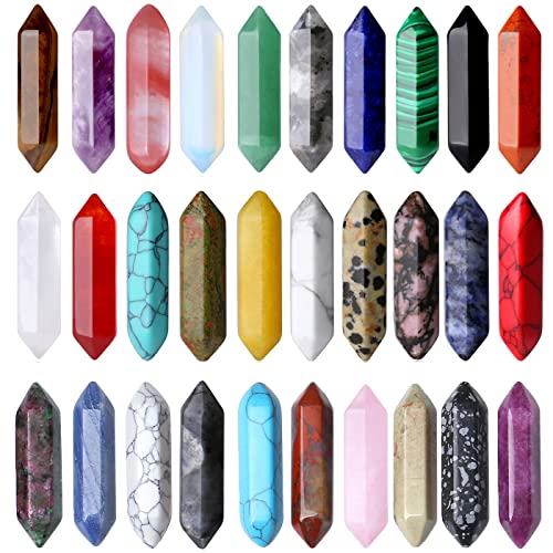 30PCS Healing Crystals Wand Stones Sets Natural Amethyst Rose Quartz Clear Quartz Tiger Eye Reiki Gemstones Bulk Hexagonal Points Energy Balancing Chakra Witchcraft Meditation Therapy Decor Desk Gift