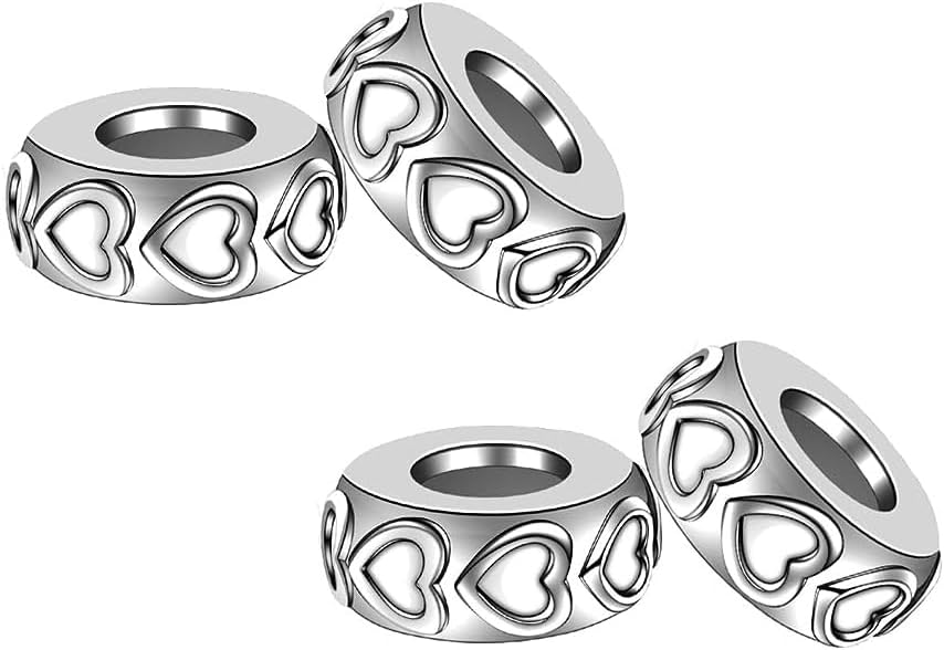 GW Stopper Charms 925 Sterling Silver, Round Rondelle Spacer Beads for Charm Bracelets for Women (4PCS Silver-Heart) - Image 5