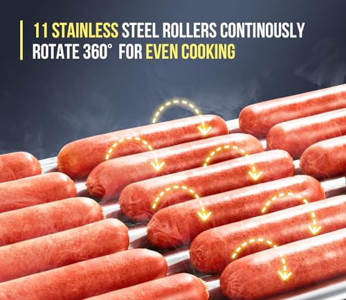 Image of SYBO Hot Dog Roller, 30 Hot Dogs 11 Rollers Grill Cooker Machine with Removable Stainless Steel Drip Tray and Glass Hood Cover, 1430-Watts, Perfect for Commercial And Party