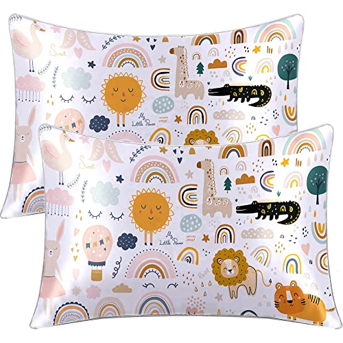 BlessLiving Kids Animals Satin Pillowcases Set of 2 - Nursery Baby Pattern Pillow Shams for Hair and Skin, Satin Girls Boys Pillow Covers with Envelope Closure (Standard(20''x26''))
