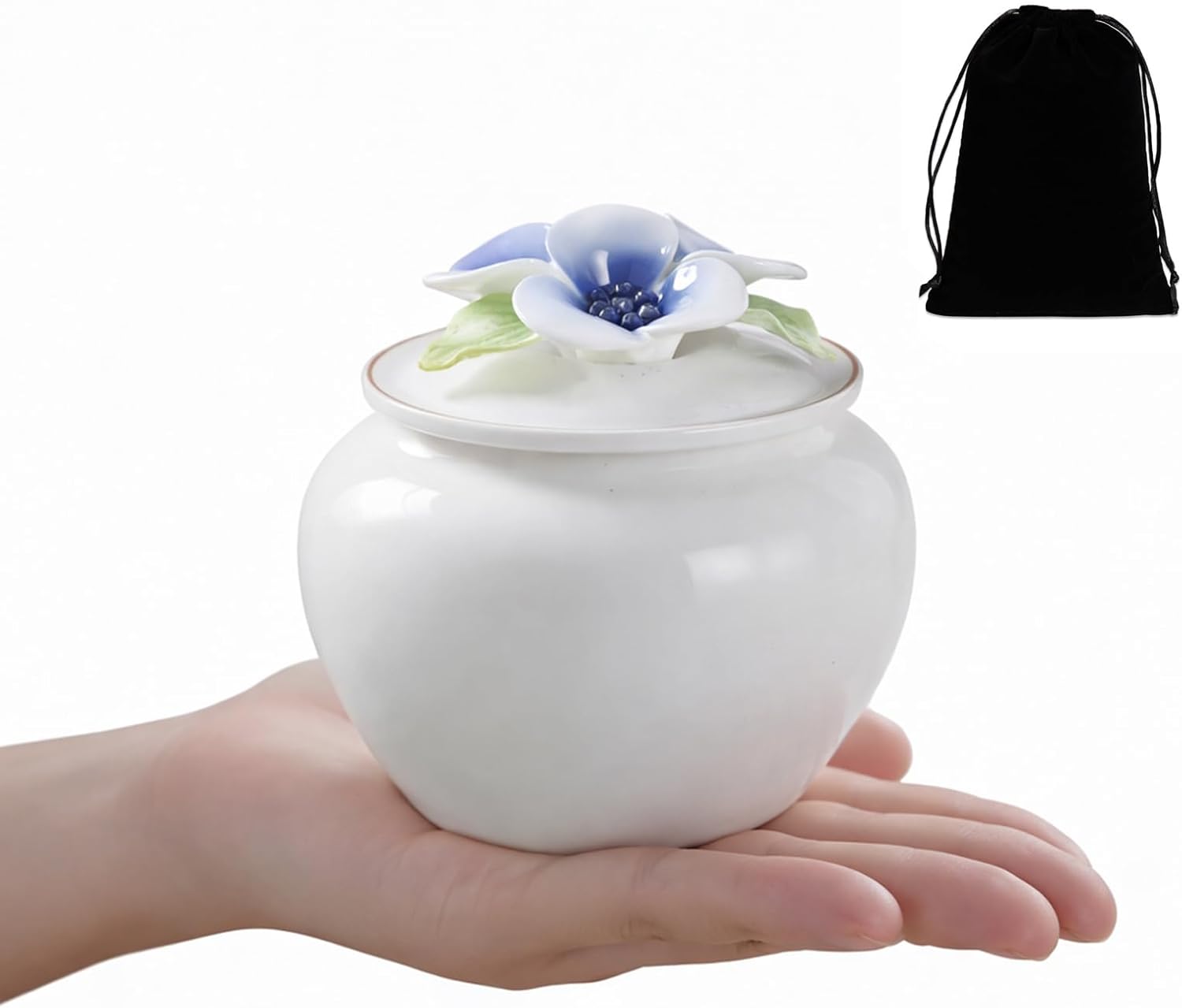 Adult Keepsake Urn for Ashes, 3 Inch Small Ceramic Memorial Urn with Sculpted Flower Lid, Mini Urn for Human Ashes, Remembrance Keepsake Urn for Sharing Ashes (Orchid-Inspired Flower Lid)