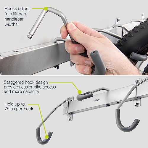 Image of Garage Bike Rack Wall Mount Rail Rack by Delta Cycle - Bike Hangers for Garage - Bike Storage Rack for MTB, Road & Ebike - Holds up to 300 lbs - Fully Adjustable Staggered Hook Design