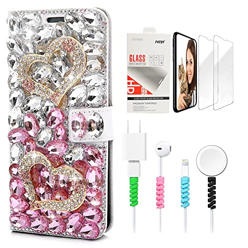STENES Bling Wallet Luxury Phone Case Compatible with Samsung Galaxy Z Fold 6, Stylish 3D Handmade Crystal Heart Magnetic Wallet Leather Cover with Screen Protector & Cable Protector - Pink