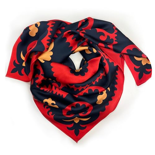 100% Silk Square Scarf 35” Suzani Red & Black Pattern Lightweight Headscarf with Gift Packaging