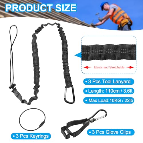 Image of MECCANIXITY Retractable Tool Lanyard 3.6ft with Aluminum Buckle and Adjustable Loop End, Included Glove Clamps and Keychains, Fall Protection Tools Leash for Hand Tools, Black 3 Pack