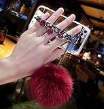 Hand Chain Holder Bracelet Pom-pom Ball Luxury Back Make-up for Girls Mirror Slim TPU Bumper Bright...