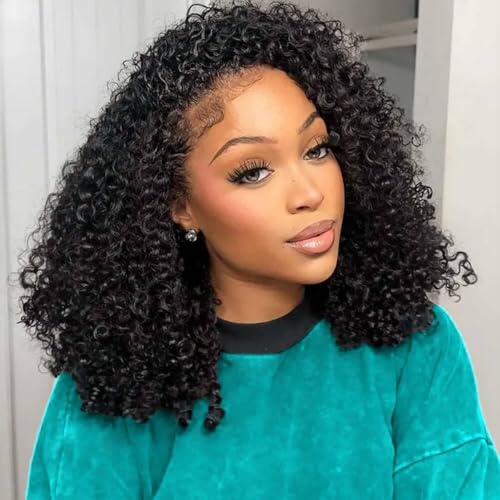 XSY Curly Half Wig Human Hair 16 Inch Kinky Curly Half Wig 200% Density 3 In 1 Drawstring Seamless Flip Over Glueless Wear and Go Half Wigs for Black Women Beginner Friendly Natural Black