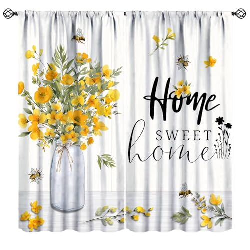 JanJCurt Rustic Yellow Floral Curtains for Kitchen, Farmhouse Country Home Sweet Home Watecolor Wildflowers Leaves Bees Summer Blackout Window Drapes for Bedroom Livingroom, 52" W X 84" L