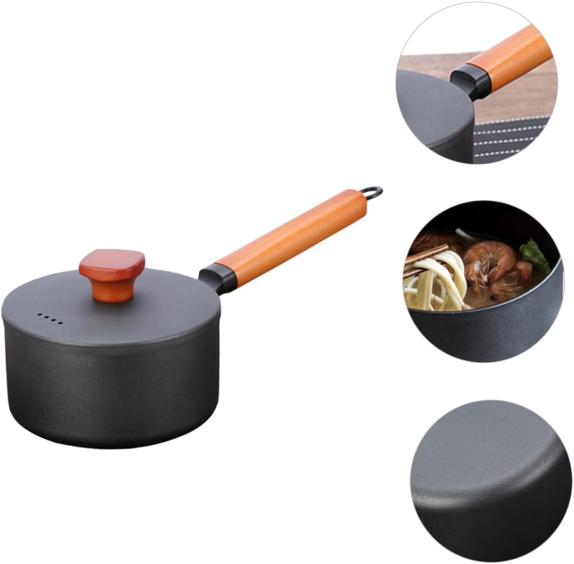 Non-Stick Sauce Pan Wooden Handle Universal Frying Pan for Gas and Induction Cooktops Sturdy Iron Kitchen Cookware for Cooking Milk Sauces and Butter