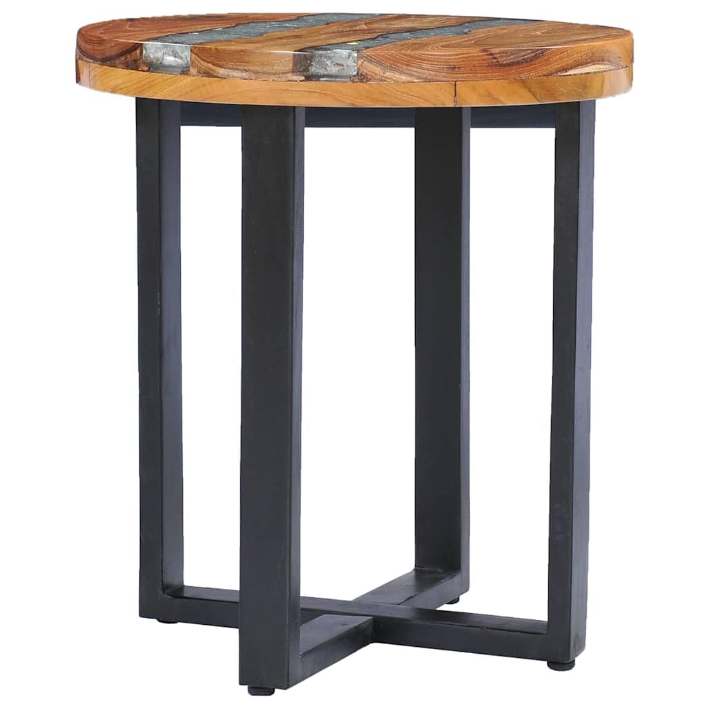Tavolino da salotto in legno di teak massiccio con poliresina e base in legno di mango, 40 x 45 cm, realizzato a mano, ripiano rotondo, versatile come tavolino in soggiorno, ufficio o salotto