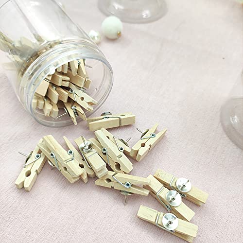 Push Pins with Wooden Clips, 100Pcs Wooden Drawing Pins, Cork Board Pins with Clips, Wooden Pegs with Pushpins, Peg Boards for Cork Board Arts Projects Photo Supplies(Wood Color)