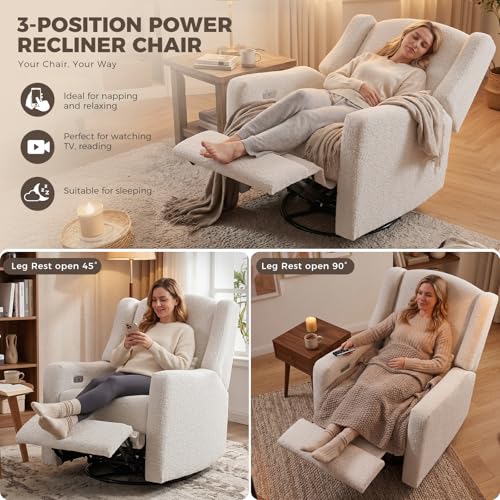Image of Power Nursery Recliner Rocking Chair with Waist Pillow, Comfy Teddy Farbric, High Back & Lumbar Support Swivel Gilder Recliner for Adults, Living Room, Rocking Chair Nursery USB Charging, Beige