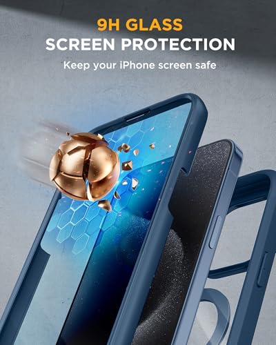 Image of Miracase for iPhone 15 Pro Max Case with 360 Magnetic Ring Stand [Compatible with Magsafe] Full-Body Drop Proof Bumper Phone Case with Built-in 9H Tempered Glass Screen Protector,Blue