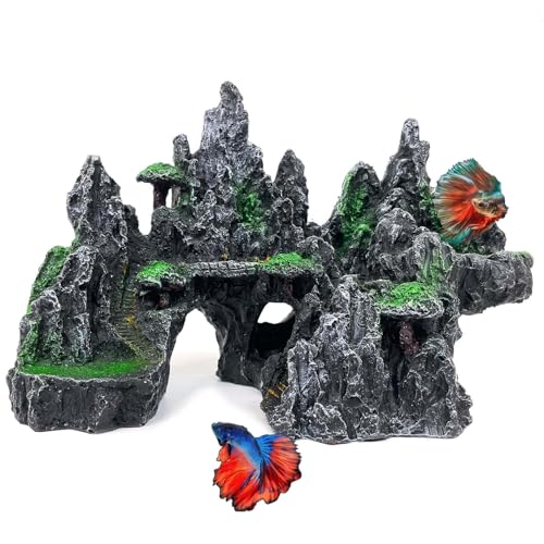 Fish Tank Mountain Decoration,Aquarium Accessories - Aquarium Decor for Betta N Goldfish Hideouts Cave Hide Ornament for 10-50 Gal,Aquarium Mountain Landscape shelter for Hide N Play(10.4" L)