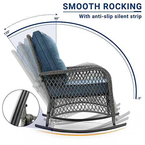 Udpatio Rocking Chairs For Outside, Rattan Rocking Chair Outdoor With 4'' Thick Cushions & 3.2''Wide Armrest For Backyard, Porch, Balcony, Poolside, 350Lbs Weight Capacity(Khaki) #TOP3