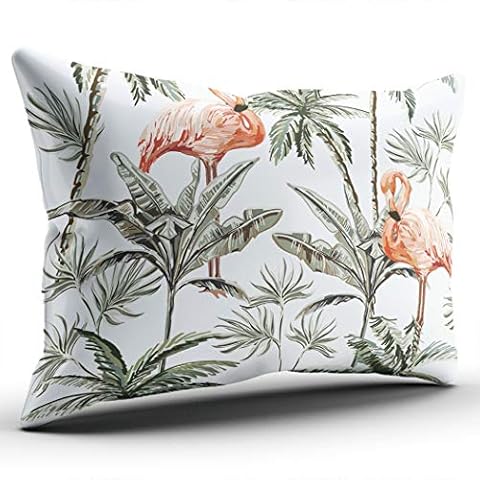KELEMO Home Pillow Cases Tropical Wild Flamingo Palm Trees Banana Tree Floral Blue Botanical Jungle Throw Pillow Covers Decoration Cushion Covers Indoor Outdoor Lumbar 12X24 Inches Single Side Print Cover