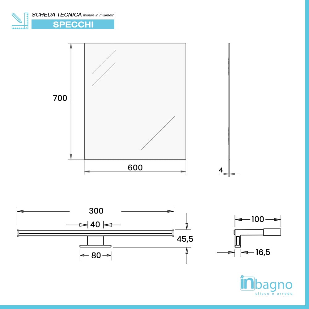 Inbagno Specchio Bagno 60x70 cm con LED 6000K Reversibile Rettangolare A Filo Lucido, Lampada Cromata, Installazione Verticale o Orizzontale, IP44